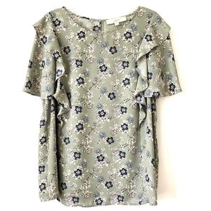 LOFT Sage Green & Navy Floral Ruffle Front Top, L